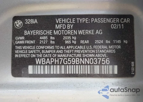 2011 BMW 328I I из США, поврежденный, VIN WBAPH7G59BNN03756